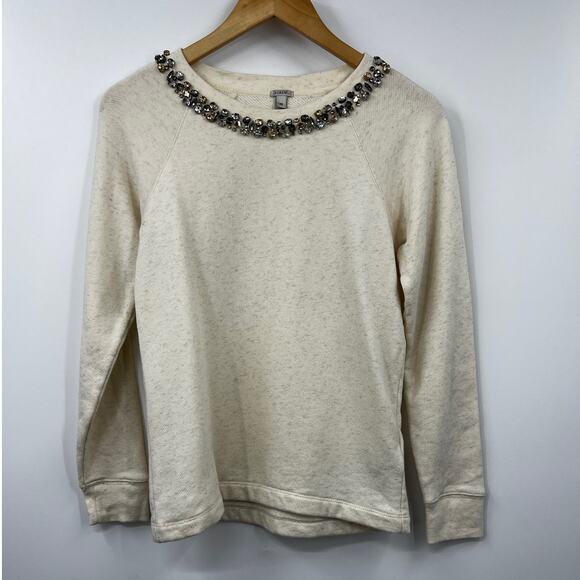 J Crew Sweatshirt Womens Crewneck Pullover Sweater Jewels Embellished Ivory‎ XS - Picture 1 of 5